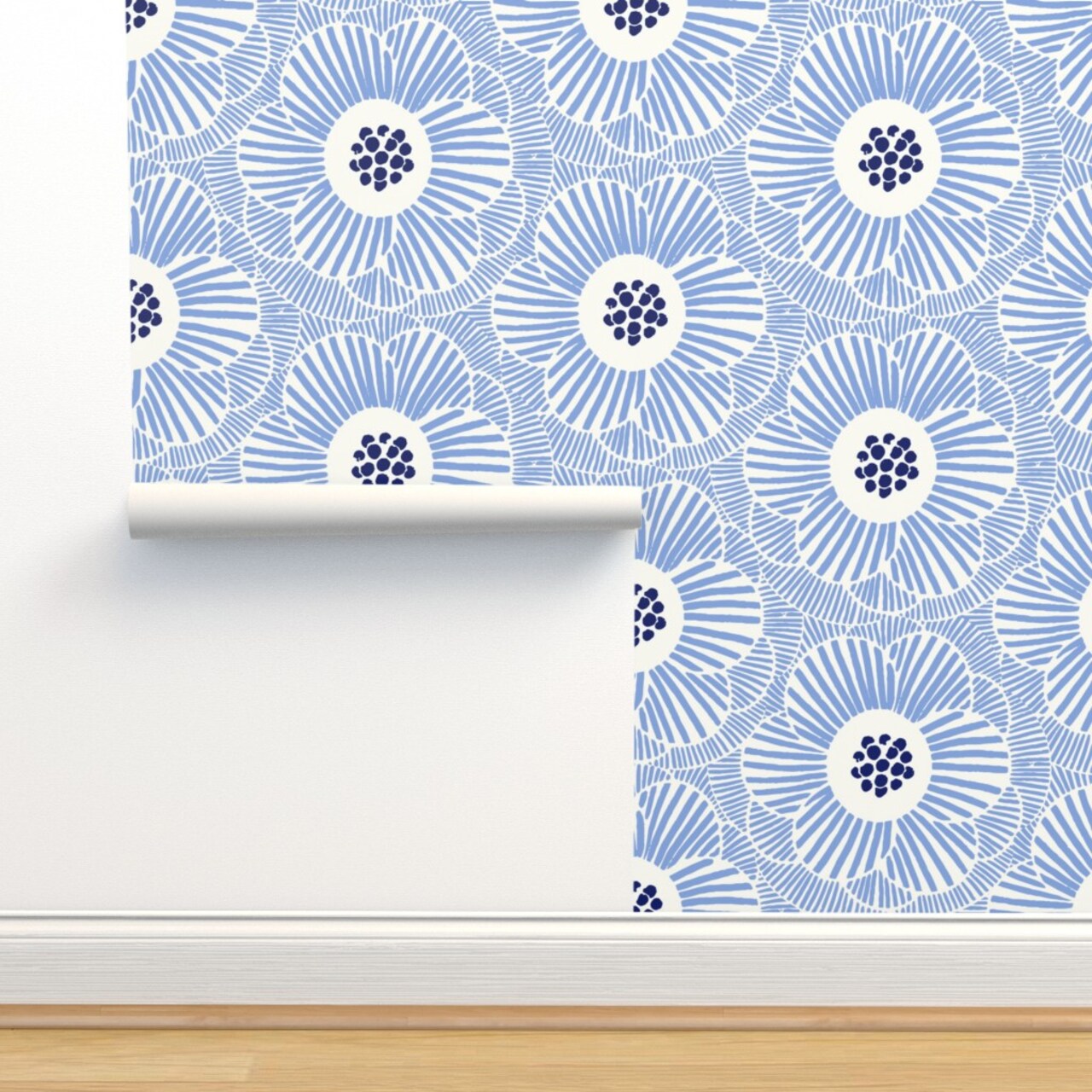 Blue Camellia Floral Modern Abstract Hand-Drawn Large Scale Custom Removable Wallpaper by Spoonflower Peel & Stick Wallpaper 2FT Wide